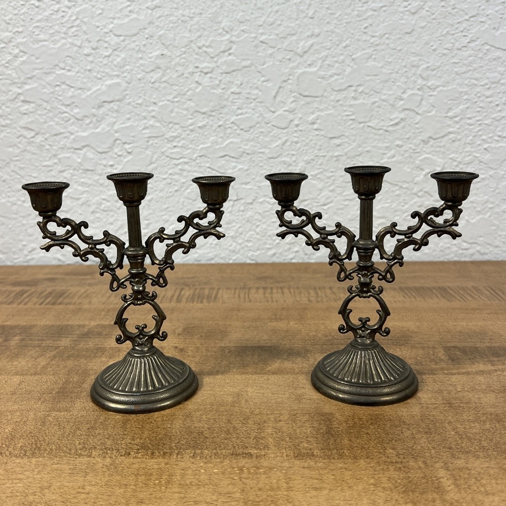 Vintage Ornate Brass 3 Branch Mini Candelabra Candle Holder Stick Hong Kong